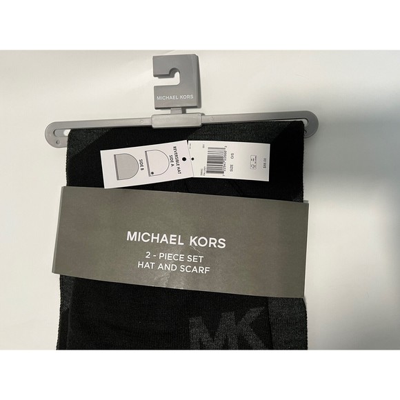 Michael Kors Mens MK Logo Scarf and Hat/Beanie Set Grey Black Gift Set - Picture 8 of 11
